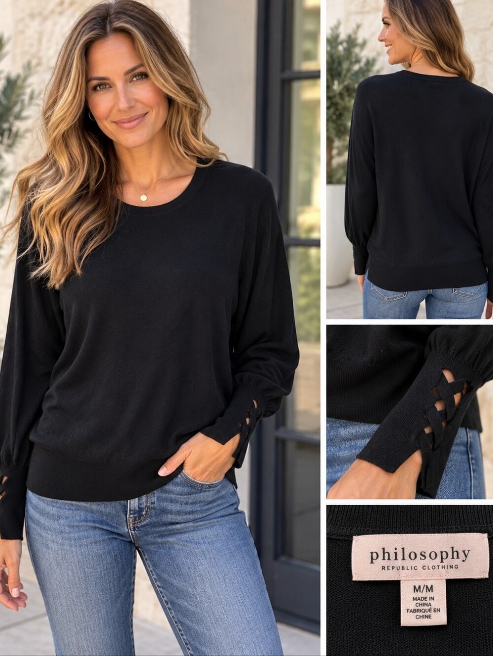Philosophy Republic Clothing Black Lace-Up Cuff Sweater Top M